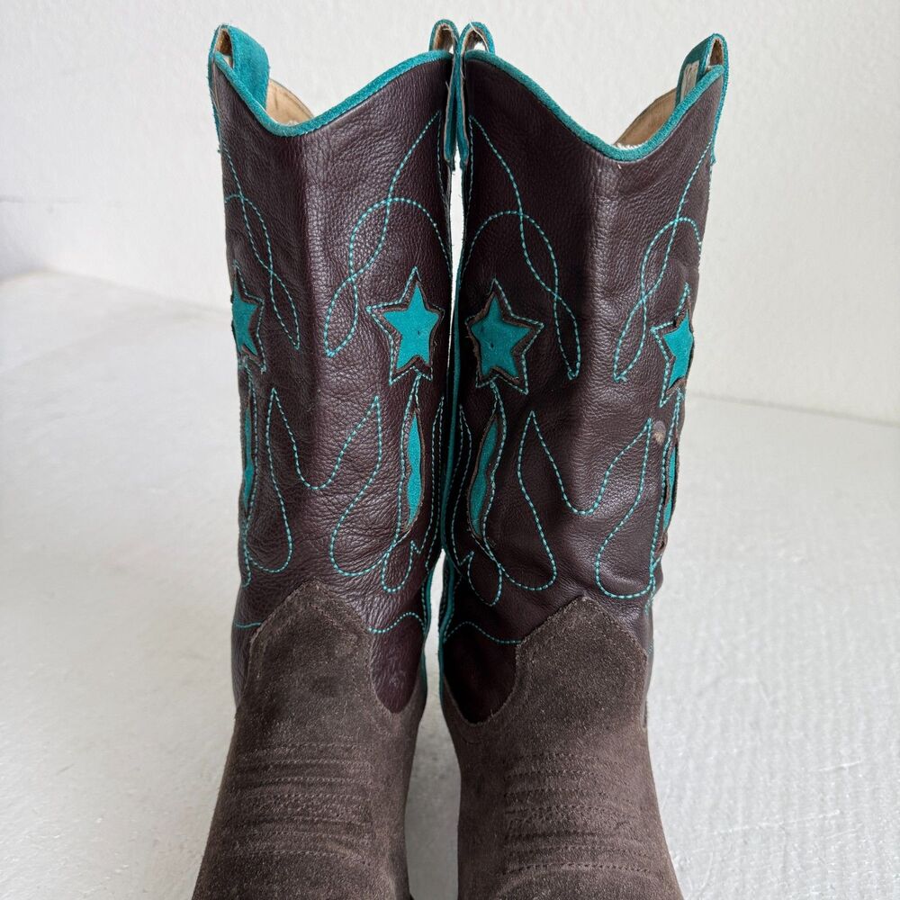 Brown Suede & Leather Cowboy Boots Turquoise Star Embroidery Women’s Size 38 - Picture 11 of 13